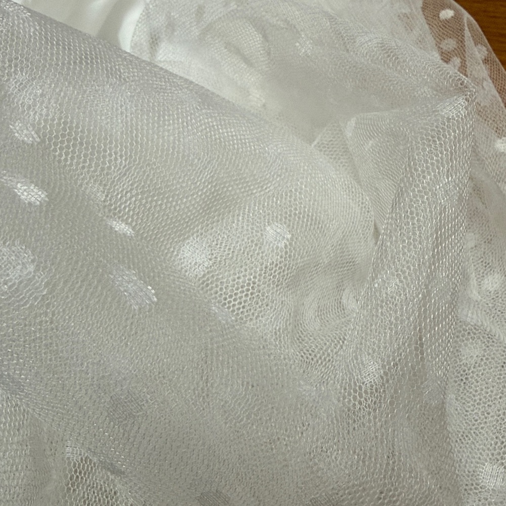 White Swiss Dot Tulle V-neck Dress with Pink Sash - Picture 8 of 12